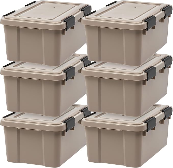 IRIS USA 6-Pack 19 Qt Storage Bins with Gasket Lids, Tan | WeatherPro seal protects shoes, crafts, documents and supplies from dust and moisture