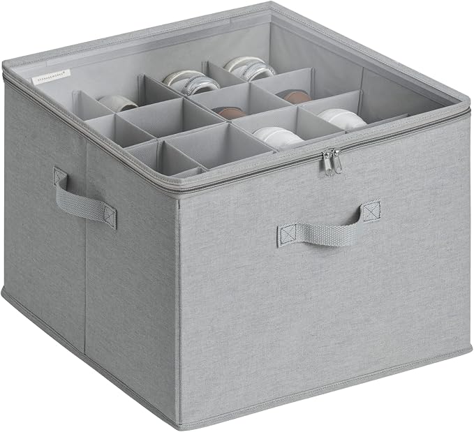 StorageWorks 16-Pair Shoe Storage Organizer, Adjustable Dividers, Grey | Holds up to 16 Pairs, Foldable, Clear Lid, Reinforced Handles, Fits Sneakers, Sandals & Flats, For Closet, Entryway & Bedroom