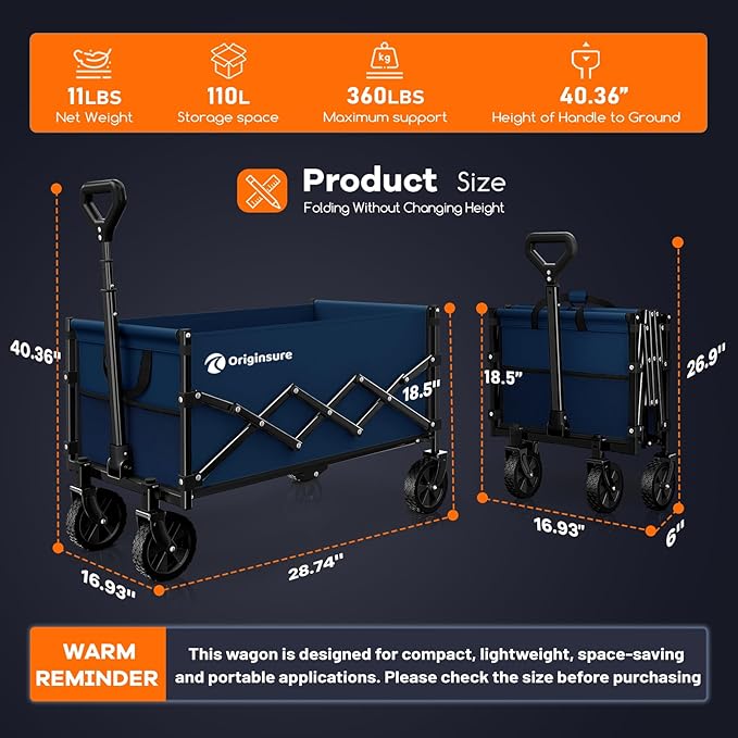 Originsure 110L Portable Collapsible Wagon Cart, 360lbs Heavy Duty, Blue | All-Terrain Wheels,Solid Steel Frame,Adjustable Handle,Compact&Space-Saving,Utility for Camping,Sports,Grocery,Garden