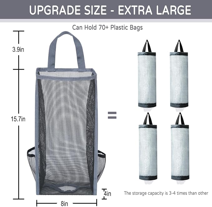 Plastic Bag Holder, Large Capacity Grocery Bag Holder, Breathable Mesh Plastic Bag Holders for Grocery Bags Storage, Lightweight Trash Bag Holder Dispenser Organizer (Dark Grey), LCBH007