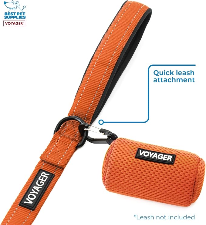 Best Pet Supplies Dog Poop Bag Holder Leash Attachment with Reusable Dispenser for Travel, Walking, Park, and Outdoor Use, Durable with Clip-On - Orange, Mesh Dispenser w/15 Bags