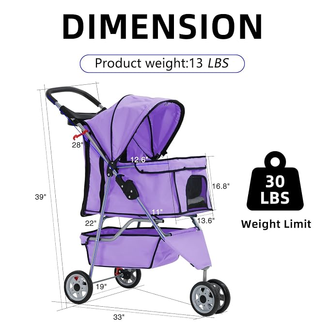 Purple 3-Wheel Folding Cat & Dog Stroller - Waterproof, Cup Holder, Removable Liner - Small & Medium Pets
