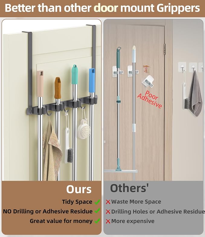 Broom Holder Over The Door with Hooks -304 Stainless Steel (Space grey) | Save Space, Anti-Rust & Sturdy, Mop and Broom Holder Wall Mounted or Hanging Over The Door, for Garage Laundry Kitchen