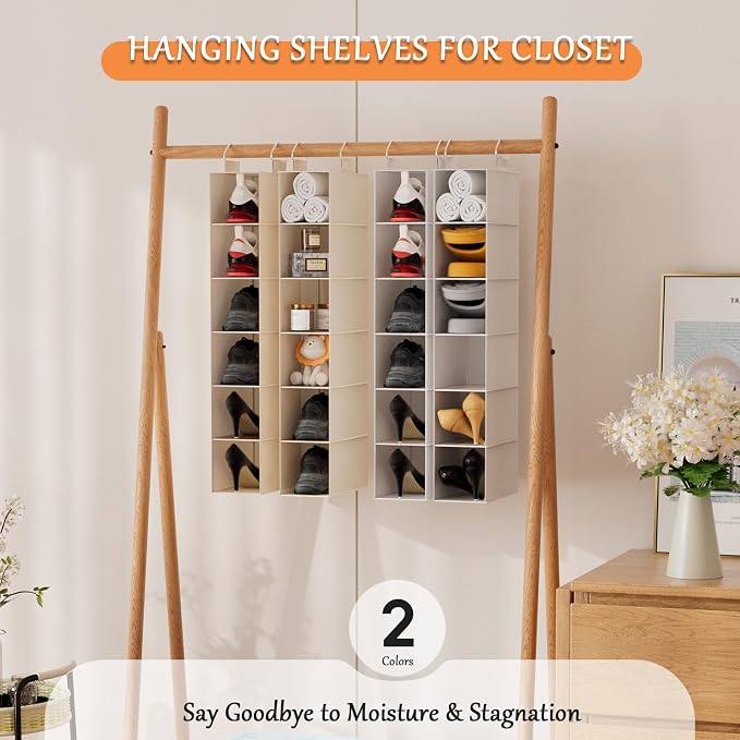 Hanging Closet Shelf Shoe Organizer Set of 2 with Woven Bamboo Shelves,11.5 x 31.5 x 5.5 in, 6-Tier Design for Space-Saving Storage,Beige