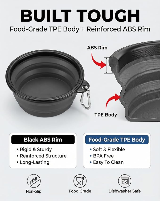 Rest-Eazzzy Collapsible Dog Bowls, 2 Pack Sturdy Portable Dog Water Bowls | Wear-Resistant TPE, Anti-Dust Foldable Travel Dog & Cat Bowls for Camping Walking Hiking with Carabiners