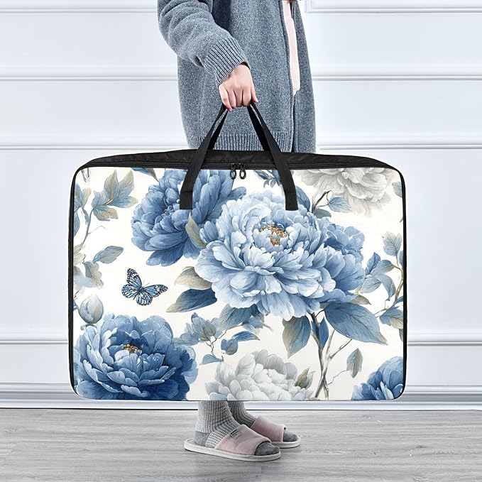 Comforter Storage Bags Large Folding Blanket Organizer Bag with Strong Handles Clear Window Closet Storage Containers for Clothes King Queen Pillows Bedding Quilt Duvet Butterfly Peony Flower B