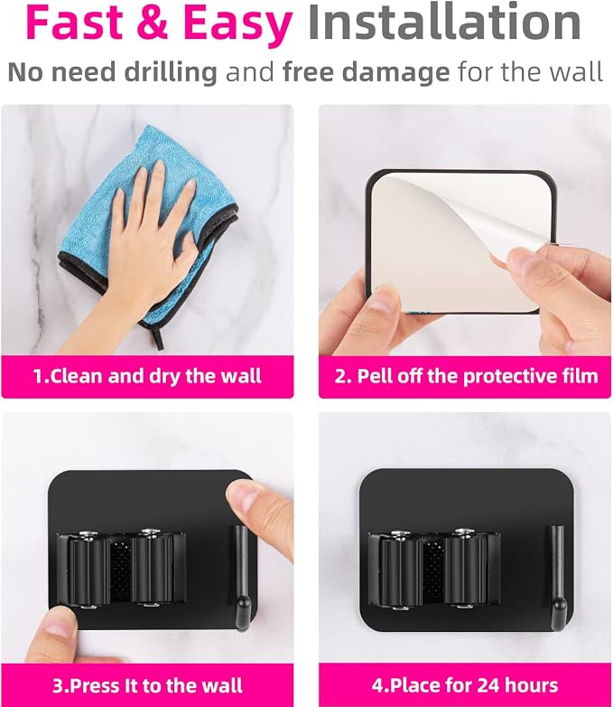 4 Pack Anti-Slip Broom Holder, Space-Saving, Damage-Free Wall Mount, Stainless Steel, Black