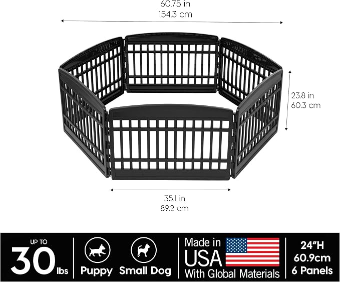 IRIS USA 6-Panel Dog Playpen, Pet Enclosure, Black | Safe Play Zone, Flexible Boundary, Configurable Layout, Custom Pen Configuration, Secure Door Latch, Tool-Free Assembly
