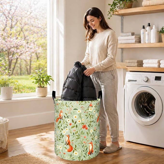 Cute Fox Laundry Basket, Woodland Animal and Wildflowers Oxford Cloth Dirty Clothes Collapsible Hamper for Room Decor, Nature Gifts, Toy Organizer 19.7 x 15.7 Inches for Bedroom Bathroom Dorm
