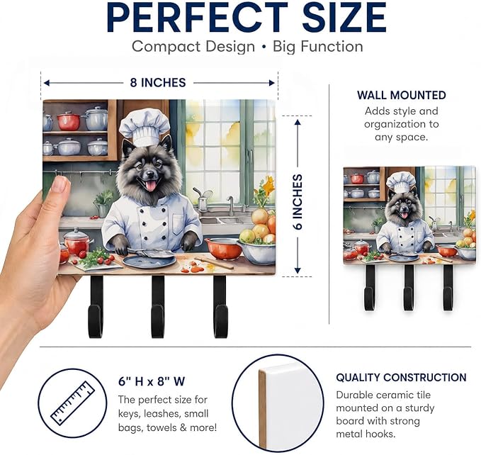 Caroline's Treasures Keeshond The Chef Leash or Key Holder Wall Hooks, Key Hooks Holder, Coat Rack Wall Mount, Coat Hooks, Hooks for Hanging Keys, Towels, Aprons, Leashes | Keeshond The Chef artwork on ceramic tile with three steel hooks for keys, leas...