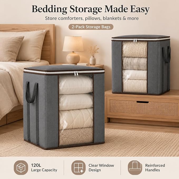 Comforter Storage Bags 120L for Blanket Clothes Bedding Sheet 2 Pack Grey | Breathable Fabric, Reinforced Handles, for King Comforters Bedding Pillows and Sheets, Closet and Bedroom Storage
