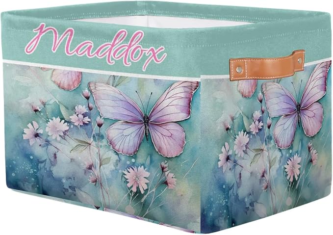 Custom Name Storage Bin, Personalized Rectangular Storage Basket with Handles for Organizing Boys Girls Toys Office Closet Shelf Baskets, Watercolor Pink Butterfly with Floral