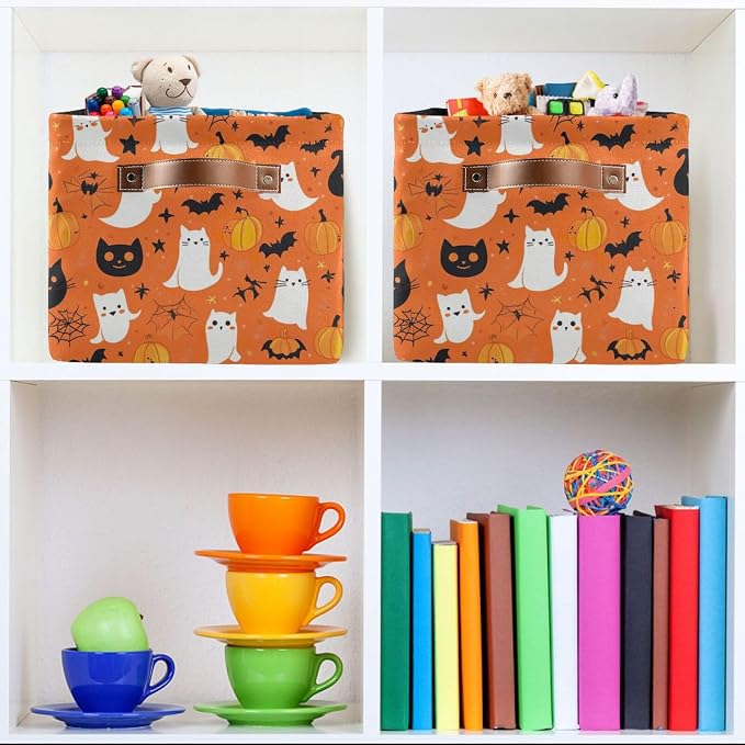 Kigai Storage Basket, Fabric Collapsible Closet Organizer Bin | Halloween Boo Waterproof Foldable Canvas Basket with Handles for Shelves, Nursery, Closet, Bedroom & Bathroom