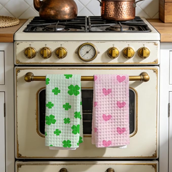 Four-Leaf Clover and Heart Waffle Kitchen Towels, Quick Dry Multipurpose Hand Towels for Bathroom, Absorbent Reusable Cloth Tea Dish Towels for Home Decor, Gift Towel Set of 2 for Woman Man Friends