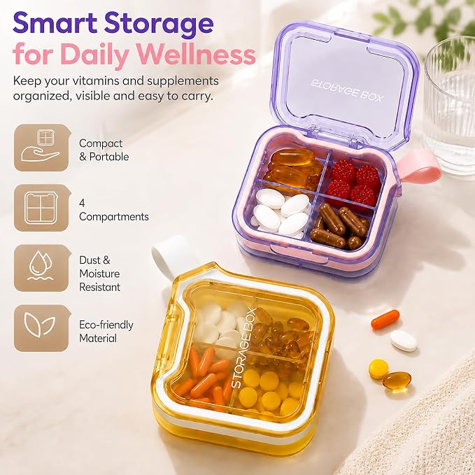Travel Pill Organizer with Silicone Carry Loop, Small Pill Case | 4 Compartments Compact Pill Box for Vitamins Supplements Daily Medications, Purse Backpack Office