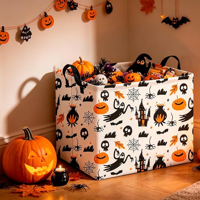 CLOCOR Rectangular Storage Basket,Waterproof Books Box with Handles,Gift Basket(Castle Halloween)