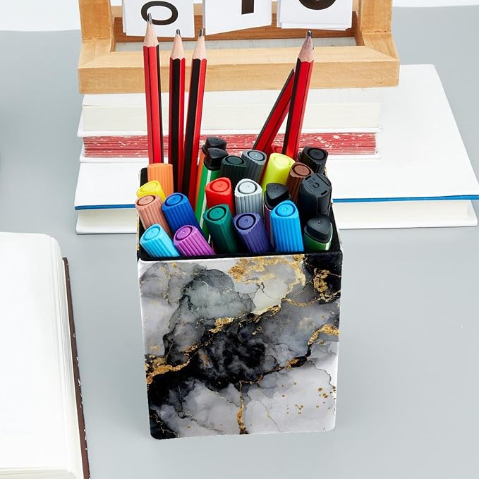 Marble Texture Pen Holder for Desk Decor, Rectangular PVC Leather Pencil Cup for Desk Pen Organizer, Makeup Brush Holder for School, Home, Office