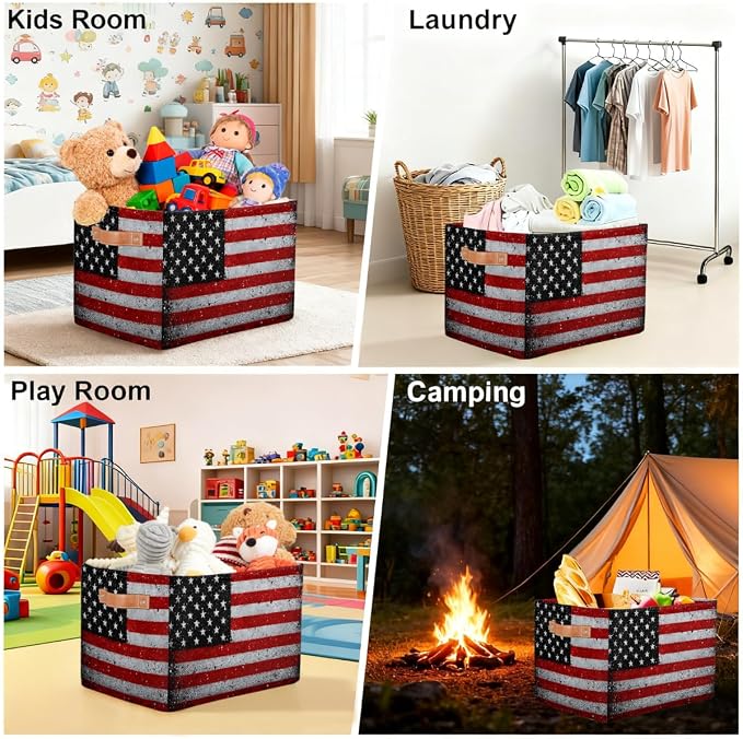 Pardick Storage Baskets Bin, Vintage American Flag Collapsible Canvas Fabric Storage Bin Decorative Baskets Toy Organizer Rectangle Storage Boxes with handles for Home Shelves Nursery,1Pack,C-03