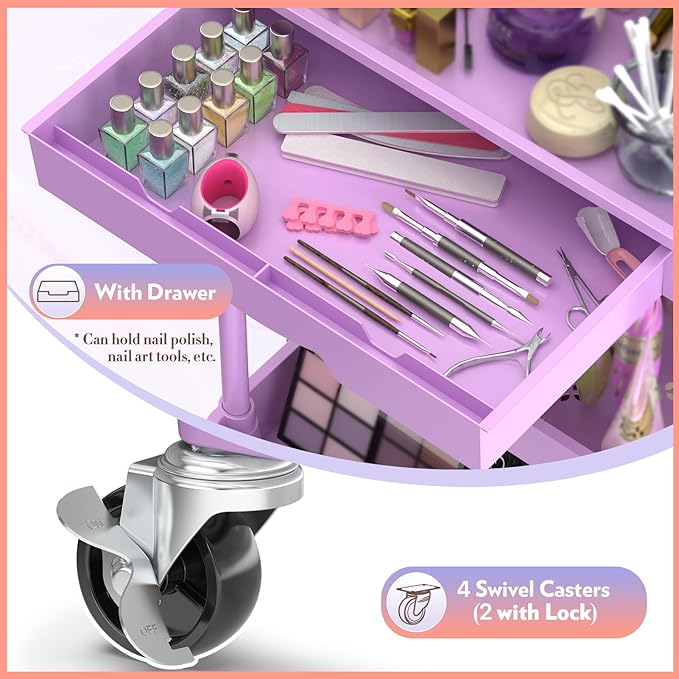 SUNALLY Makeup Cart Organizer with Drawer,3 Tier Rolling Makeup Cart,Purple | Rolling Vanity Storage for Skin Care Perfume Nail Polish, Floor Skincare Organizers Cosmetics Display Bathroom Storage Cart