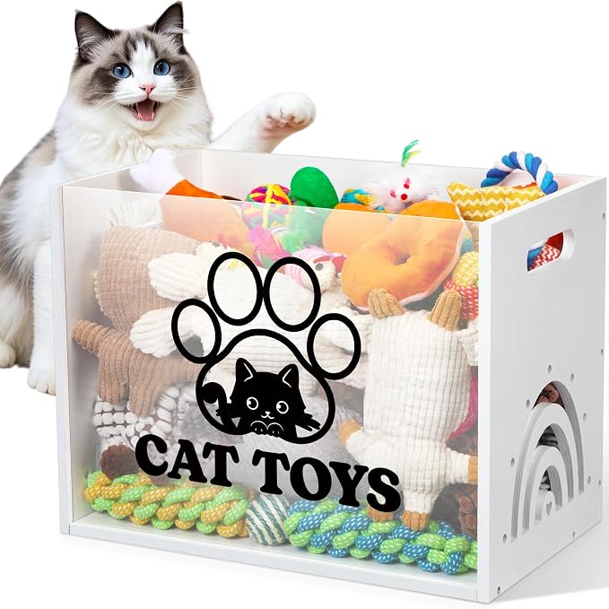 Beeveer Large Cat Toy Basket Cat Toy Box Wooden Storage Bin with Acrylic Board Storage Box for Puppy Toys Pet Food and Accessories Organizer Holder Basket for Living Room Area(White, Cat)
