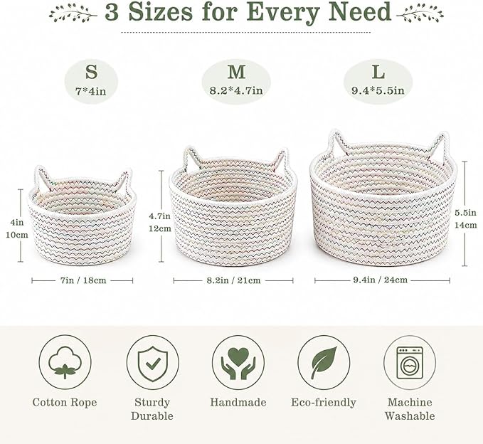 Small Woven Baskets | Mini Storage Bins | Cotton Rope Baby Nursery Organizers | Cute Round Cat Ears Basket for Organizing Desk Decor Kids Toy Dog Cat Baby Girls Gift-Set of 3 (White mixed Colors)