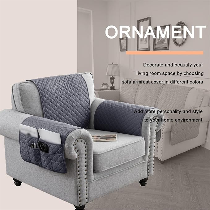 Water-Resistant Sofa Armrest and Headrest Covers with Side Pocket | Keep remotes close quilted polyester helps guard against wear, pet scratches, and kids' messes silicone backing adds grip