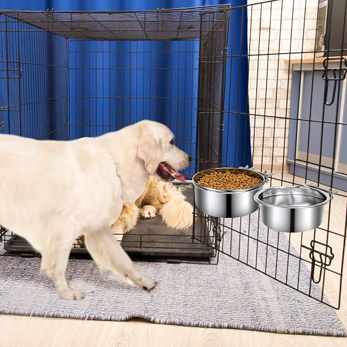 2 Pcs Medium Pet Dog Food Water Bowl for Cage Stainless Steel Non-Spill Kennel Detectable Hanging Cats Pets Bowls with Clamp Holder Crate Feeder Dish for Medium Dogs (5.5x2.3'' & 6.3x2.6'')
