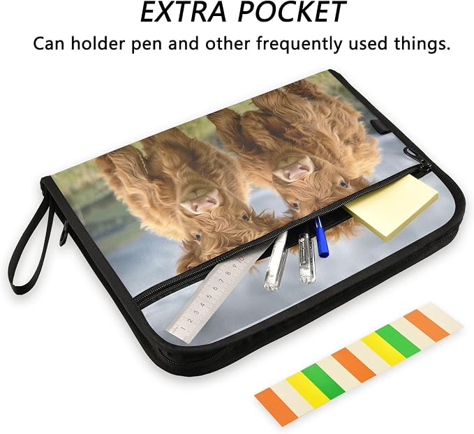 13 Pocket Zipper Expanding File Folder A4 Cattle Highland Cow | Accordion File Organizer with Front Pouch A4 Letter Size Portable Folders for Documents Receipt School Office Supplies