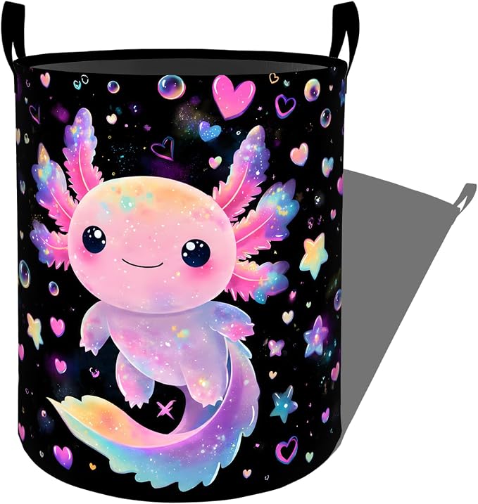 Fantasy Axolotl Laundry Basket, Colorful Star Heart Storage Hamper, Round Collapsible Waterproof Cloth Bin, 19.7x15.7 Inch Cute Pink Cartoon Clothes Organizer Gifts for Bathroom Decor