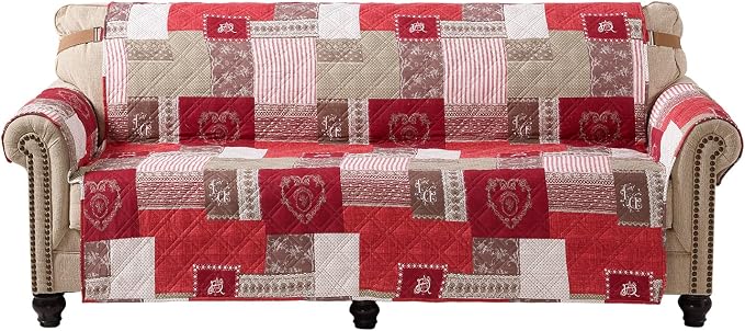 Brilliant Sunshine Burgundy Heart Love Patchwork Loveseat Cover, 54" seat | Quilted Sofa Cover, Living Room & Bedroom Furniture Protector, Large Washable Love Seat Slipcover for Pets, Dogs & Cats