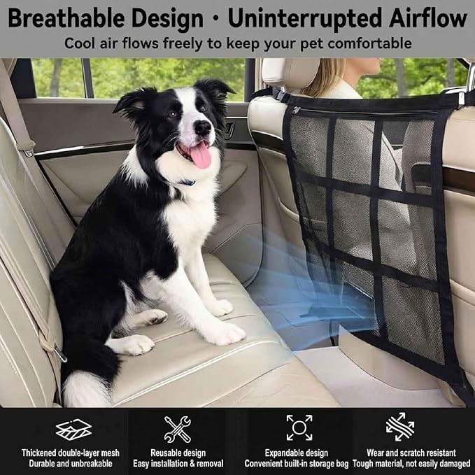 Dog Car Barrier for VW Caddy 2003-2020, Pet Net Organizer | Front Rear Seat Mesh Divider | Breathable Safety Partition | Travel Fence Adjustable Straps | Storage Pockets | Secure Hook