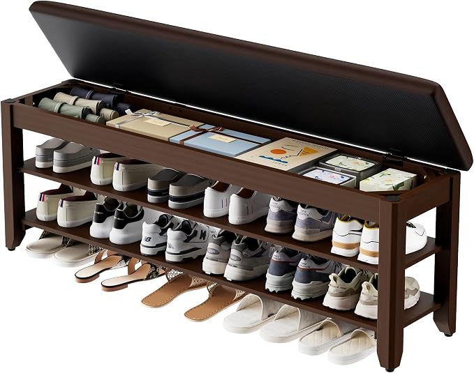 Homleke 47.2" Wide Solid Wood Shoe Rack Bench with Flip-Top Storage | 2-Tier Entryway Bench with Cushion, Adjustable Shelf, Holds Up to 12 Pairs, for Hallway, Bedroom and Closet, Walnut