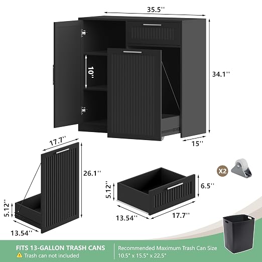 Single 13 Gallon Pull Out Trash Can Cabinet with Storage Cabinet,Black | Pet Proof Hidden Garbage Can Cabinet,3-Tier Shelves,Fluted Design,Extra Drawer Space,Kitchen & Dining Room Organization