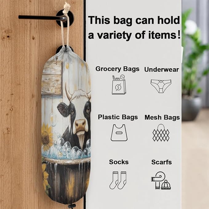 Sunflower Cow Plastic Bag Holder Wooden Board Grocery Bag Storage Dispenser Washable Hanging Shopping Bags Carrier Reusable Wall Mount Trash Bag Organizer for Kitchen Pantry