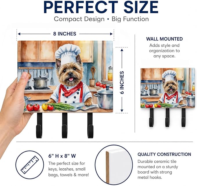 Caroline's Treasures Cairn Terrier The Chef Leash or Key Holder Wall Hooks, Key Hooks Holder, Coat Rack Wall Mount, Coat Hooks, Hooks for Hanging Keys, Towels, Aprons, Leashes | Cairn Terrier The Chef artwork on ceramic tile with three steel hooks for ...
