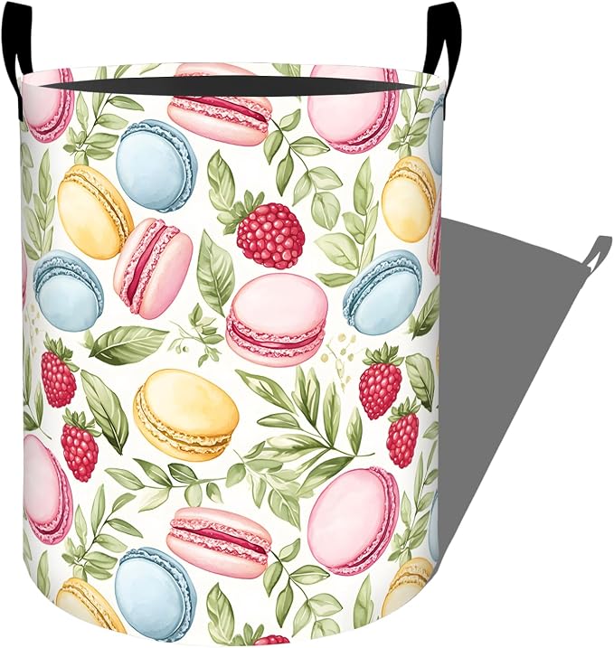 Sweet Macaron Laundry Basket, Green Leaves Flower Dessert Storage Hamper, Round Collapsible Waterproof Cloth Bin, 19.7x15.7 Inch Cute Cartoon Clothes Organizer Gifts for Bathroom Decor