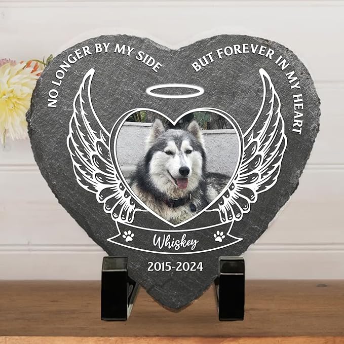 Wrappiness Pet Memorial Stone - No Longer by My Side Forever in My Heart, Personalized Dog Memorial Gifts, Remembrance Condolence Gifts for Loss of Pet Custom Photo (Heart 04, Stone with Stand)