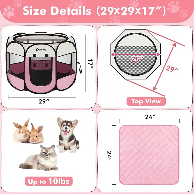 Persure Dog Cat Pet Playpen Puppy Crate Cage for Indoor Outdoor Travel | Nursing Rest Zone Recovering Pet Quarantine Room Portable Pop Up Easy to Set up lightweight Carrying Bag(Pink with Pad,Small)