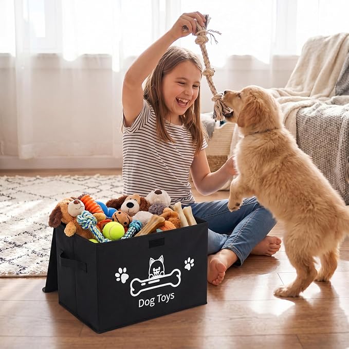 Novabright Dog Toy Basket with Lid Foldable Dog Toy Storage Bin with Clear Window Large Pet Storage Box with Handles for Pet Essentials Organization, 14.9 x 9.8 x 9.8 Inch(Black)