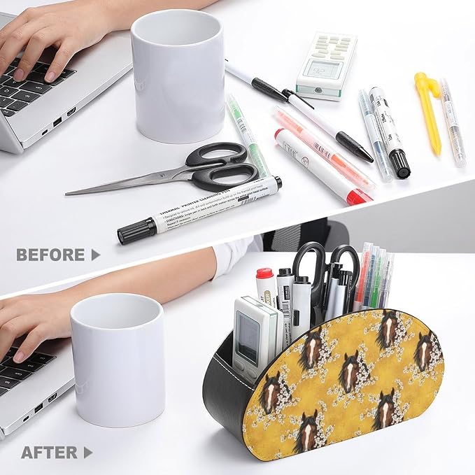 TV Remote Control Holders Horse Flower Yellow Office Desktop Storage Cup | 5 Compartments, Pu Leather, Horse Flower Yellow, Media Controllers Supplies Makeup Brush