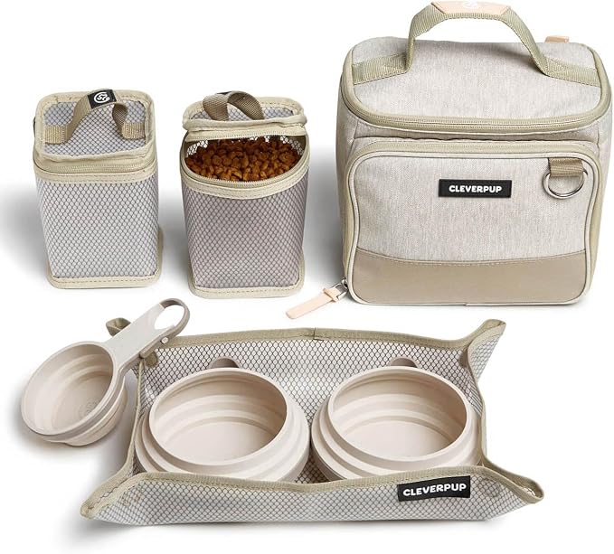 Small 7-Piece Bistro Box Dog Food Travel Kit, 6-Cup BPA-Free Kibble Storage, 2 Silicone Bowls, Mat & Scoop - Portable Pet Food Kit for Weekends, Overnights, Daycare & Camping, Sand