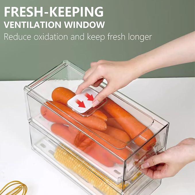 Fridge Organizers and Storage, BPA-Free Large Capacity Stackable Clear Fridge Organizer, With Strainer Layer Keep Fruits, Vegetables and Meat Fresh in refrigerator, freezer, Food Storage ( 2 Drawers)