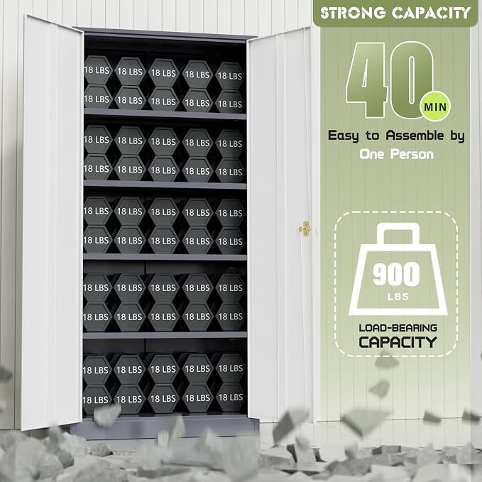 Crownland 72" Lockable Metal Storage Cabinet, Garage Storage Cabinets, High Office Cabinet with Adjustable Shelves for Garage, Home Office,Pantry, File(Grey White)