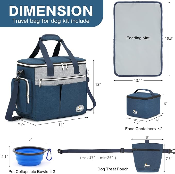 Dog Travel Bag for Pet Kit for Supplies with 2 Food Storage Containers 2 Collapsible Bowls 1 Feeding Mat 1 Dog Treat Pouch 7-Piece Set Perfect Road Trips Camping Weekend (Navy Blue)