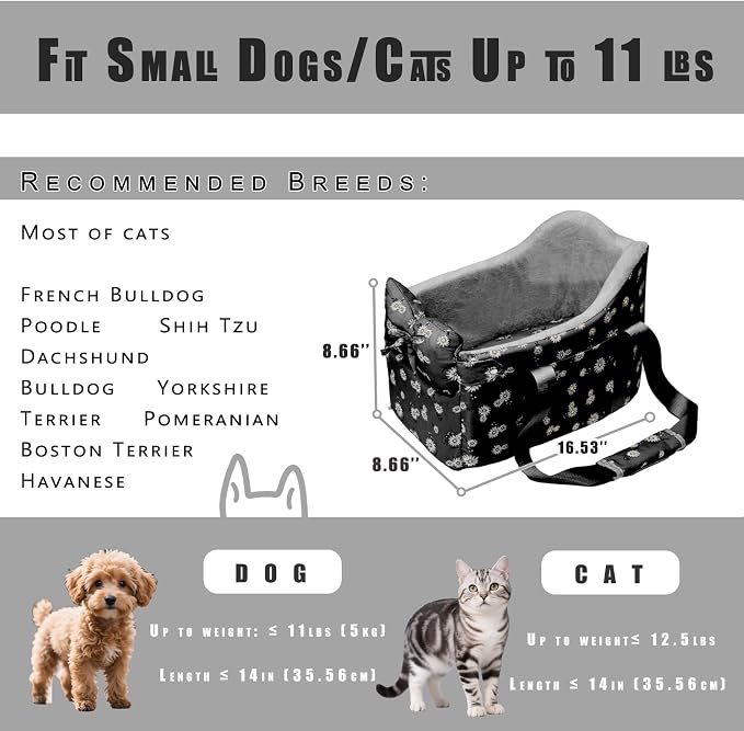 Center Console Dog Car Seat for Small Dogs Up to 11 Lbs | Anti-Collapse Booster Armrest Pet Bed For Chihuahuas And Yorkies, Black
