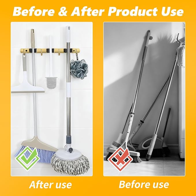 3 Racks and 4 Heavy Duty Hooks Mop and Broom Holder Wall Mount, Non-slip Organizer Storage Utility Tool Racks for Garage,Kitchen,Laundry Room,Garden. Gold