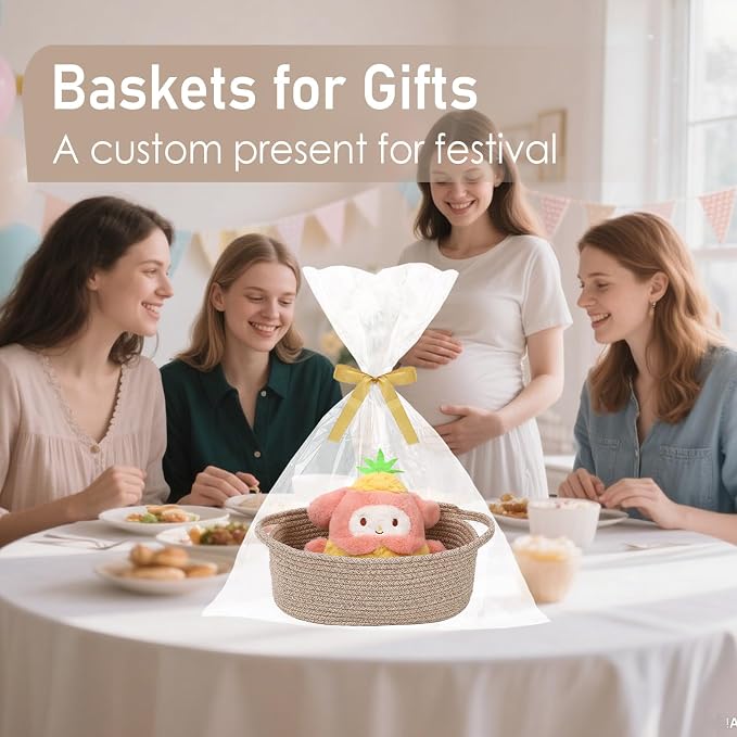 JMvicyroam Small Woven Basket, Empty Gift Basket, Oatmeal/3 Pack | Small Gift Basket, Cotton Rope, 12 x 8 x 14 in, Handles, Includes Ribbon and Bag, Birthday Gift Basket
