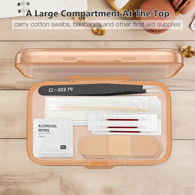 FYY Travel Pill Organizer, Large Weekly Medicine Pill Organizer-Brown | Airtight Moistureproof Medicine Case, Easy to Use, 8 Compartment Pill Box for Vitamins, Fish Oil, Supplements, Mini First Aid