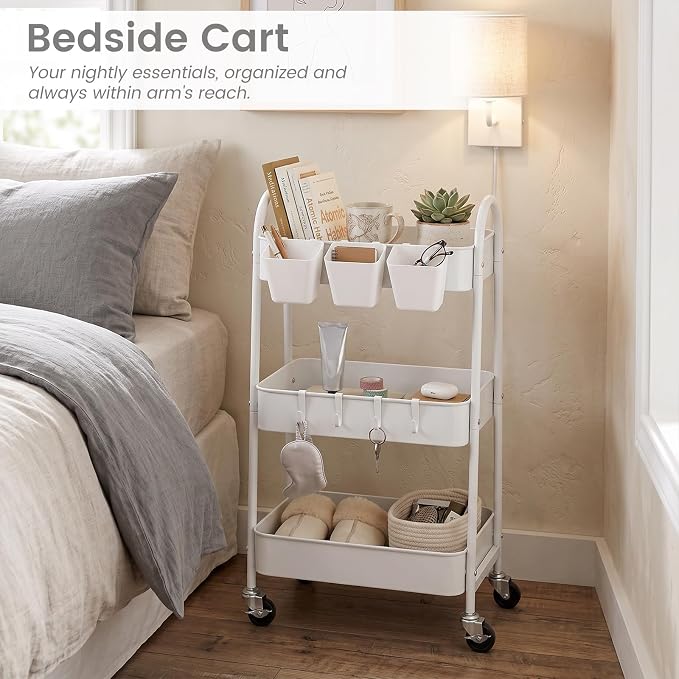 danpinera 3-Tier Rolling Cart, Utility Cart Mobile Metal Rolling Storage Cart with Lockable Wheels & Hanging Cups & Hooks for Kitchen, Bathroom, Office, Workshop, White