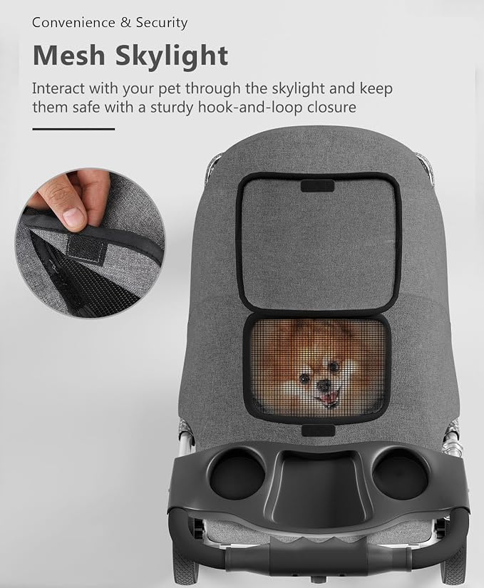OS MOTOR 3 Wheels Pet Stroller for Small Medium Pets, Gray | Foldable Carrier Jogger, Rear Wheel Breaks, Storage Basket, Visible Mesh Weather Cover, Portable, Dog, Cat, Puppy, Kitty